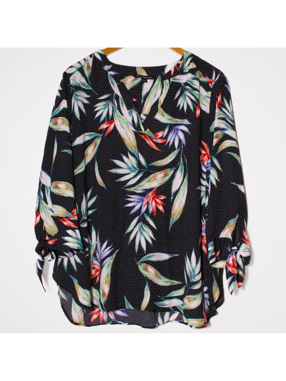 Zac & Rachel Popover Swiss Dot & Dark Tropical Floral Top Tie Sleeve Black 2X